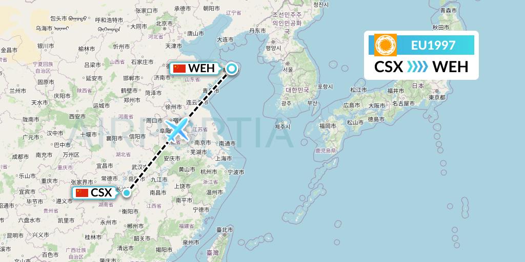 EU1997 Chengdu Airlines Flight Map: Changsha to Weihai