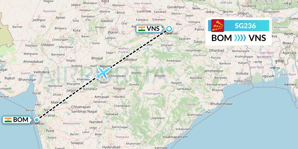 SG236 SpiceJet Flight Map: Mumbai to Varanasi