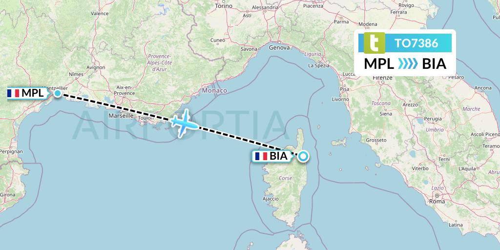 TO7386 Transavia France Flight Map: Montpellier to Bastia