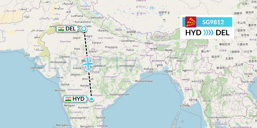 SG9812 SpiceJet Flight Map: Hyderabad to Delhi