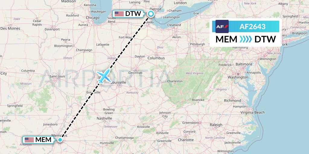 AF2643 Air France Flight Map: Memphis to Detroit