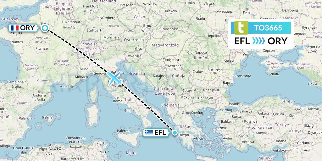 TO3665 Transavia France Flight Map: Kefalonia to Paris