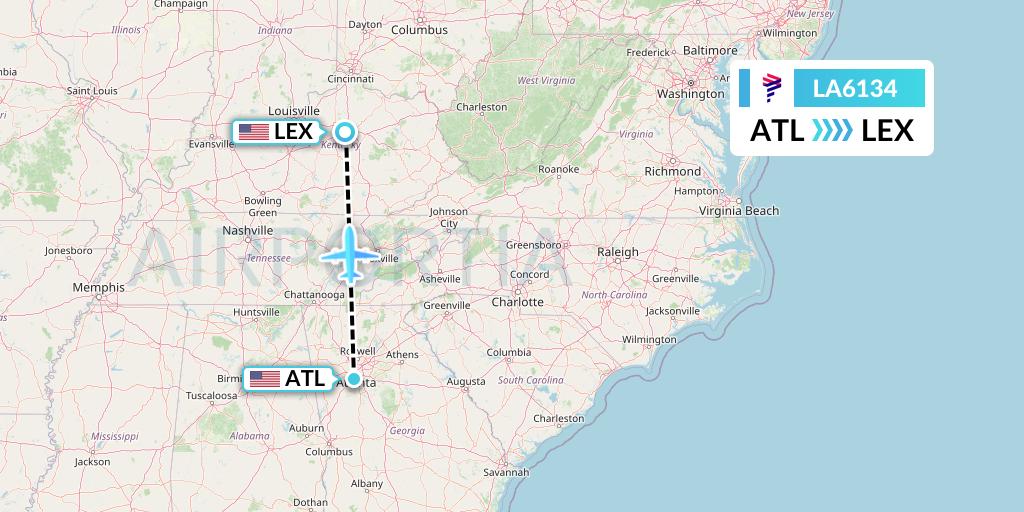 LA6134 LAN Airlines Flight Map: Atlanta to Lexington