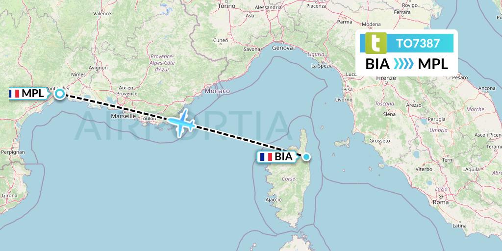TO7387 Transavia France Flight Map: Bastia to Montpellier