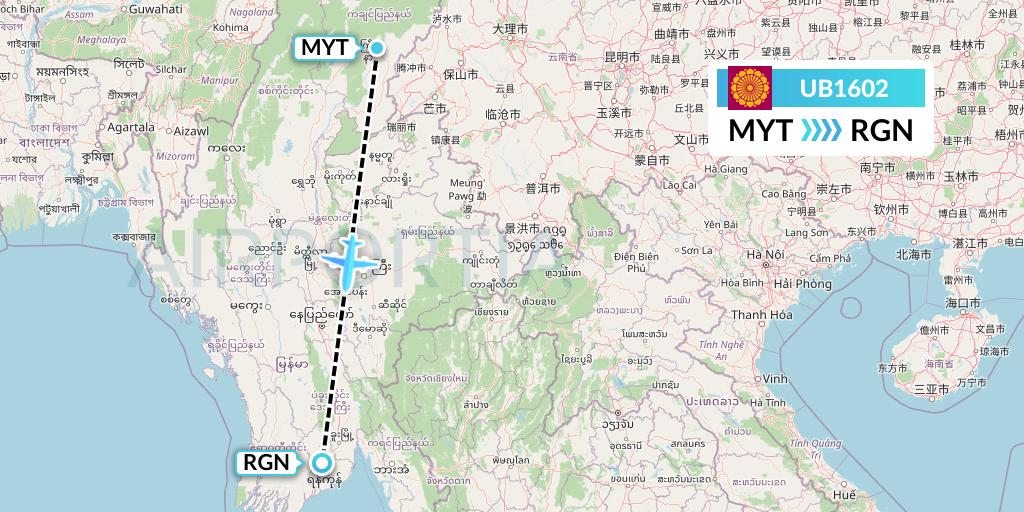 UB1602 Myanmar National Airlines Flight Map: Myitkyina to Yangon