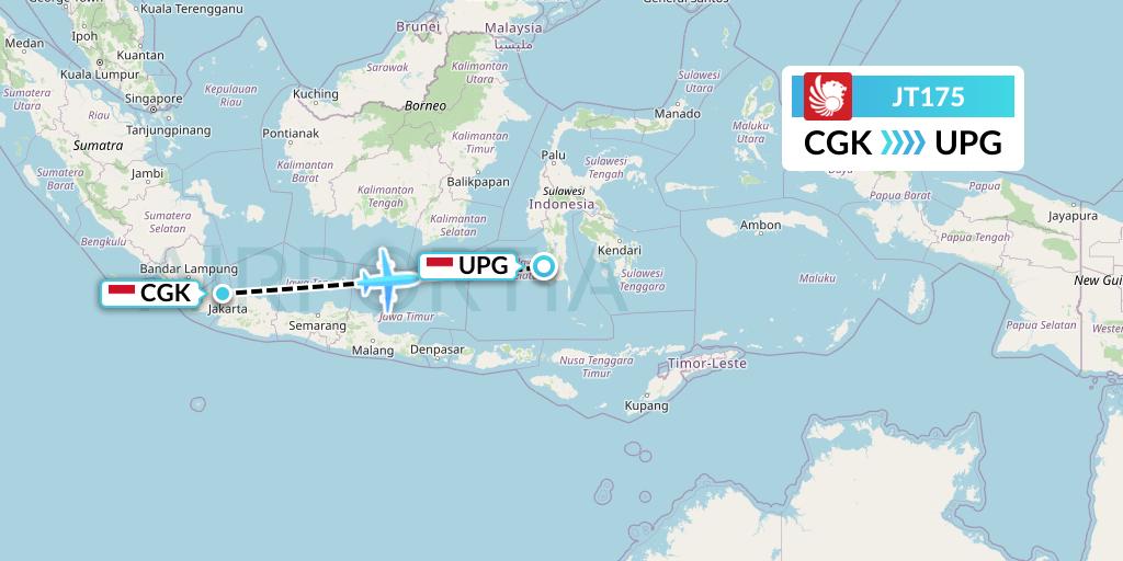 JT175 Lion Airlines Flight Map: Jakarta to Makassar