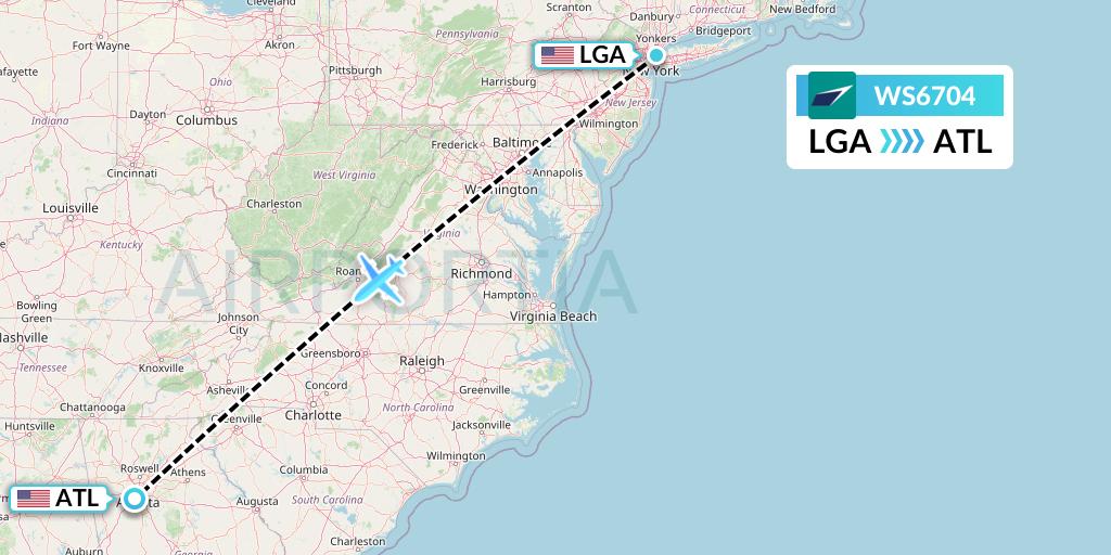 WS6704 WestJet Flight Map: New York to Atlanta