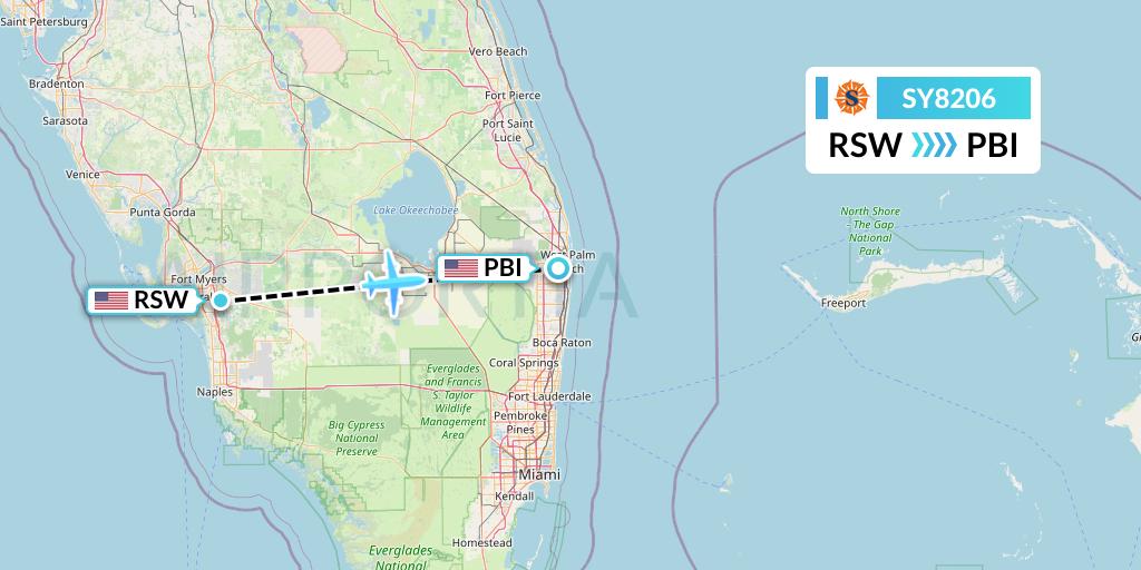 SY8206 Sun Country Airlines Flight Map: Fort Myers to West Palm Beach