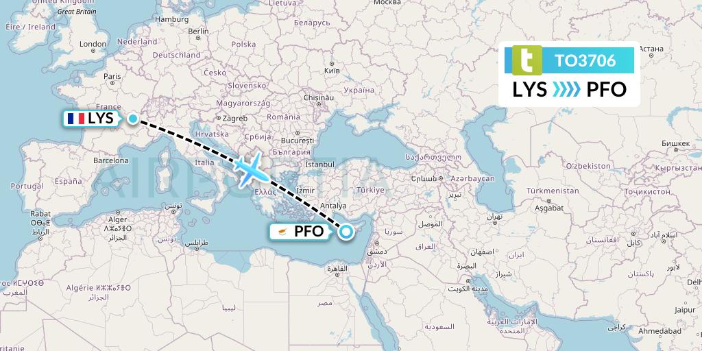TO3706 Transavia France Flight Map: Lyon to Pafos