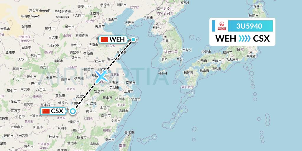 3U5940 Sichuan Airlines Flight Map: Weihai to Changsha