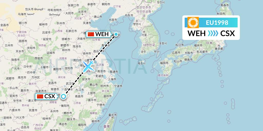 EU1998 Chengdu Airlines Flight Map: Weihai to Changsha