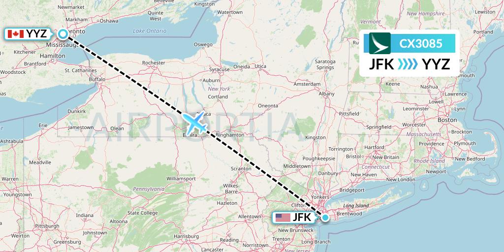 CX3085 Cathay Pacific Flight Map: New York to Toronto