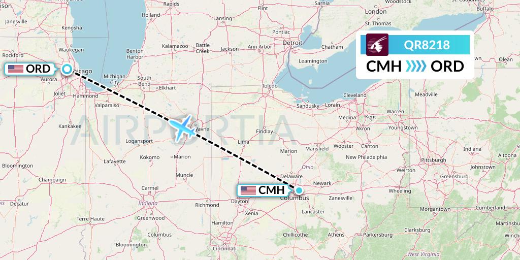 QR8218 Qatar Airways Flight Map: Columbus to Chicago