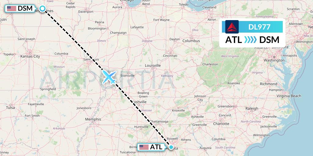 DL977 Delta Air Lines Flight Map: Atlanta to Des Moines