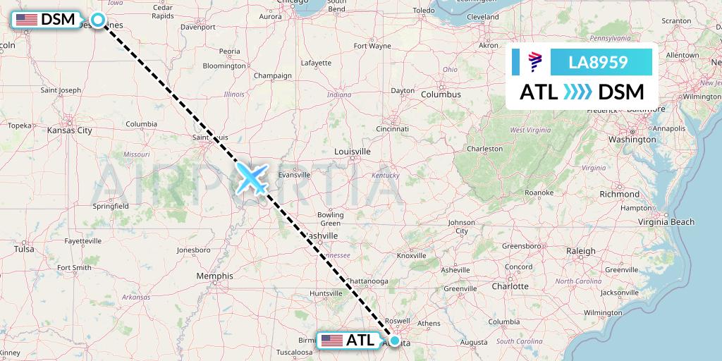 LA8959 LAN Airlines Flight Map: Atlanta to Des Moines