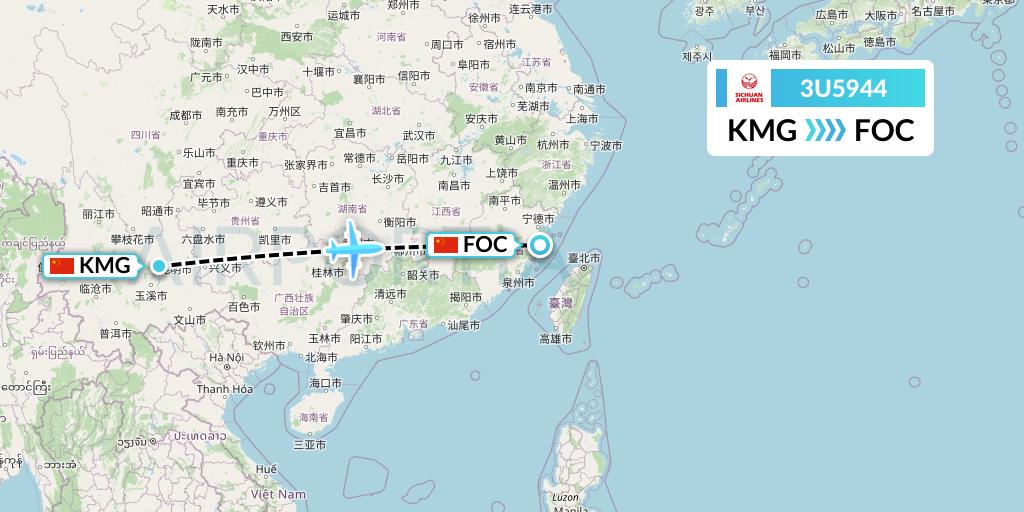3U5944 Sichuan Airlines Flight Map: Kunming to Fuzhou