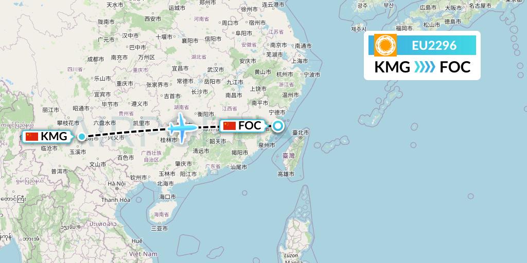 EU2296 Chengdu Airlines Flight Map: Kunming to Fuzhou