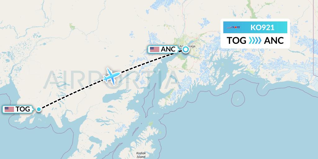 KO921 Komiaviatrans Flight Map: Togiak Village to Anchorage
