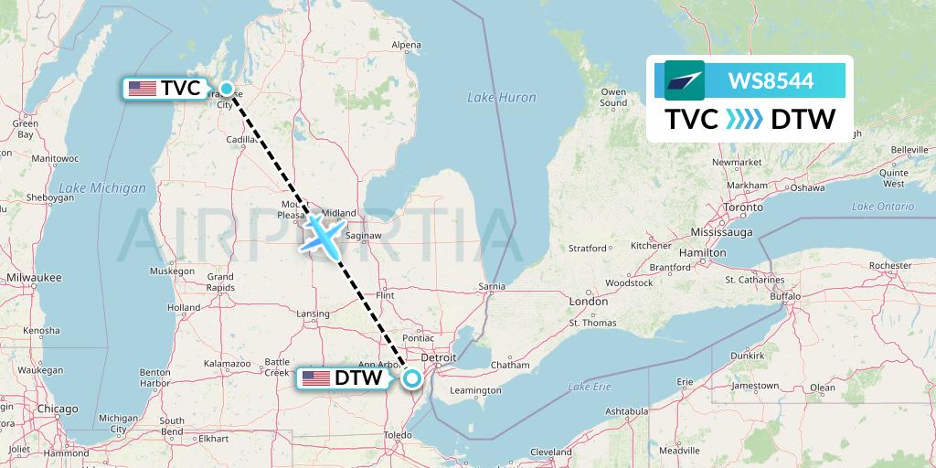 WS8544 WestJet Flight Map: Traverse City to Detroit