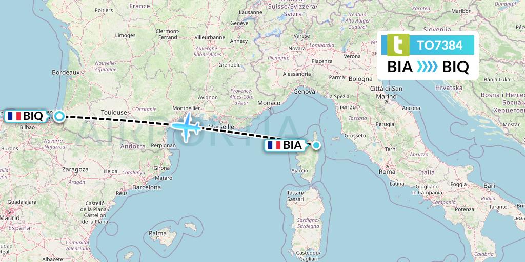 TO7384 Transavia France Flight Map: Bastia to Biarritz