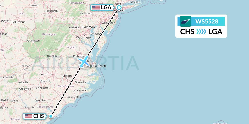 WS5528 WestJet Flight Map: Charleston to New York