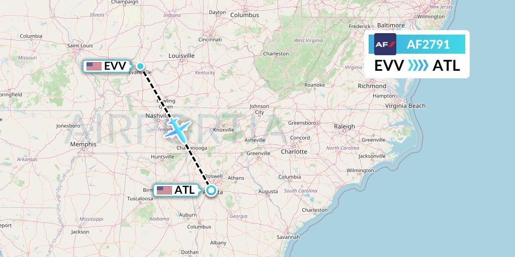 AF2791 Air France Flight Map: Evansville to Atlanta