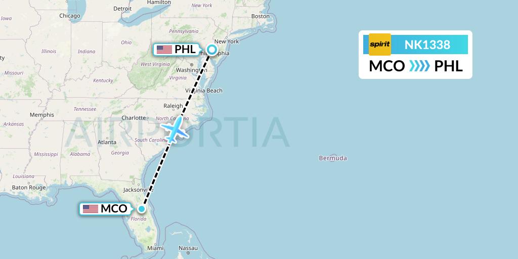 NK1338 Spirit Airlines Flight Map: Orlando to Philadelphia