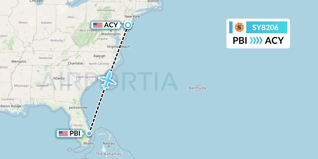 SY8206 Sun Country Airlines Flight Map: West Palm Beach to Atlantic City