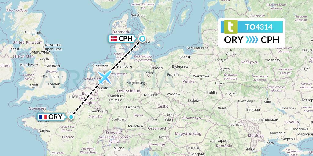 TO4314 Transavia France Flight Map: Paris to Copenhagen