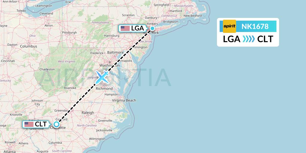 NK1678 Spirit Airlines Flight Map: New York to Charlotte