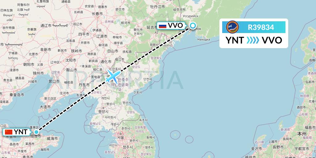 R39834 Yakutia Airlines Flight Map: Yantai to Vladivostok