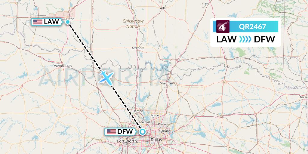 QR2467 Qatar Airways Flight Map: Lawton to Dallas
