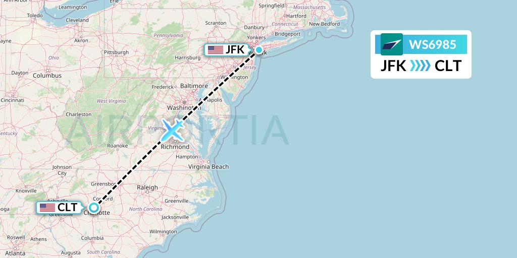 WS6985 WestJet Flight Map: New York to Charlotte