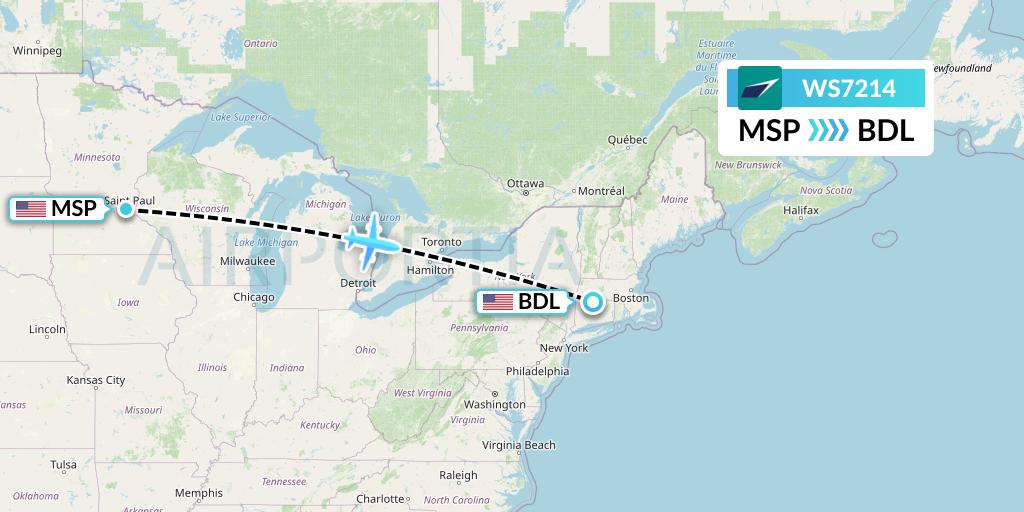 WS7214 WestJet Flight Map: Minneapolis to Windsor Locks