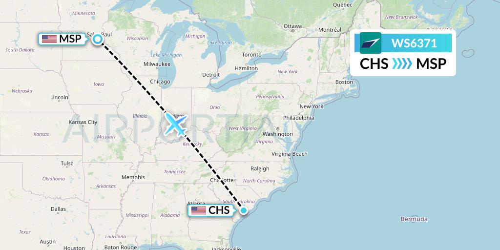 WS6371 WestJet Flight Map: Charleston to Minneapolis