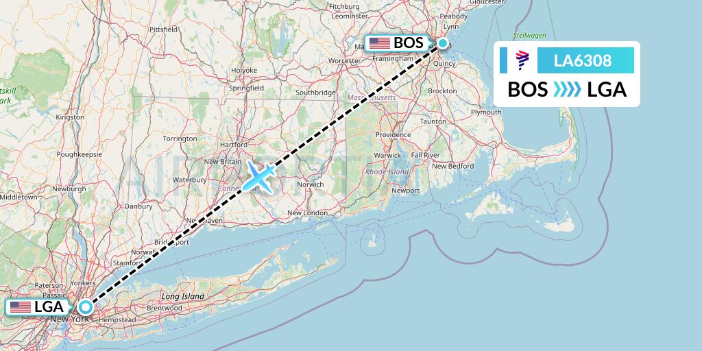 LA6308 LAN Airlines Flight Map: Boston to New York