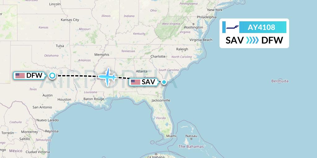 AY4108 Finnair Flight Map: Savannah to Dallas