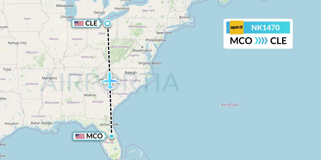 NK1470 Spirit Airlines Flight Map: Orlando to Cleveland
