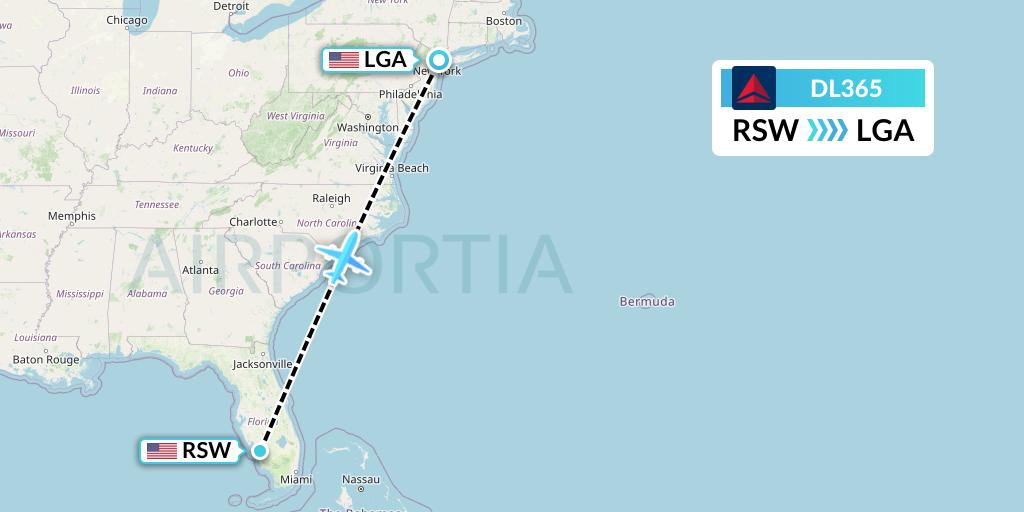 DL365 Delta Air Lines Flight Map: Fort Myers to New York