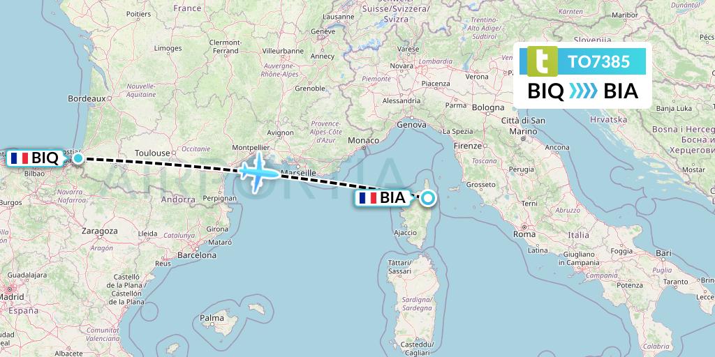 TO7385 Transavia France Flight Map: Biarritz to Bastia