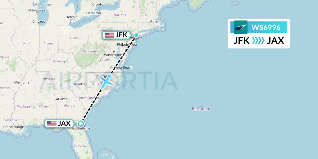 WS6996 WestJet Flight Map: New York to Jacksonville