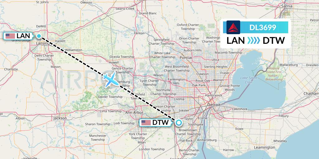 DL3699 Delta Air Lines Flight Map: Lansing to Detroit