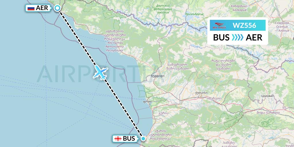 WZ556 Red Wings Flight Map: Batumi to Sochi