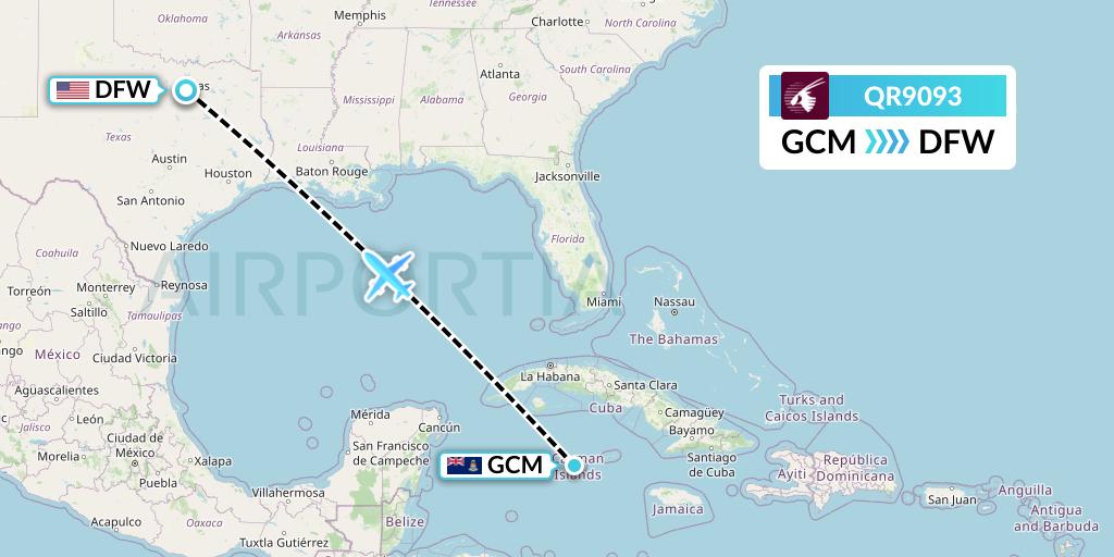QR9093 Qatar Airways Flight Map: George Town to Dallas