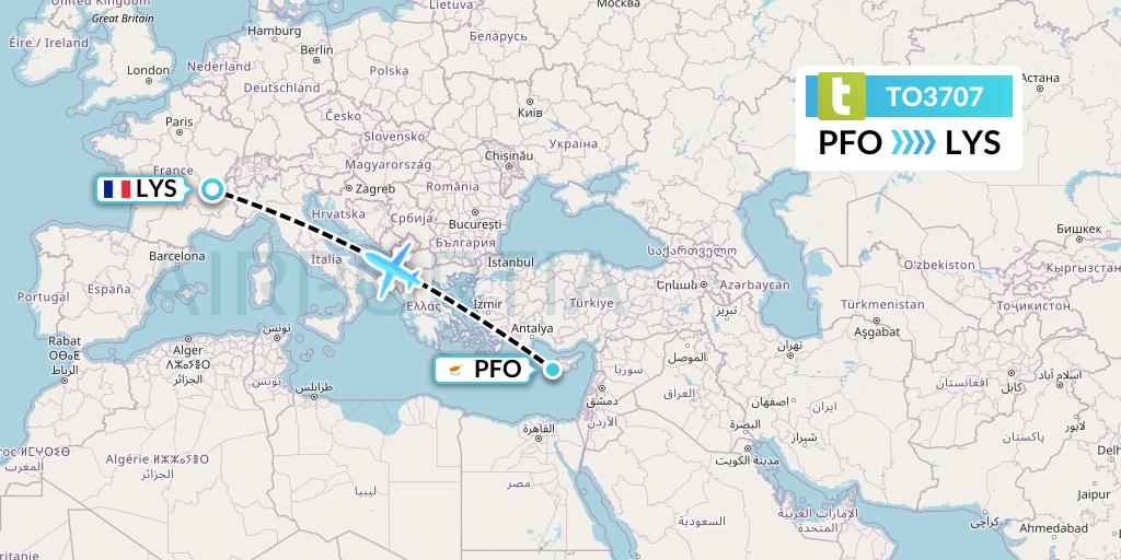 TO3707 Transavia France Flight Map: Pafos to Lyon