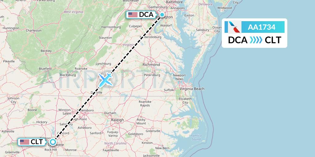 AA1734 American Airlines Flight Map: Washington to Charlotte
