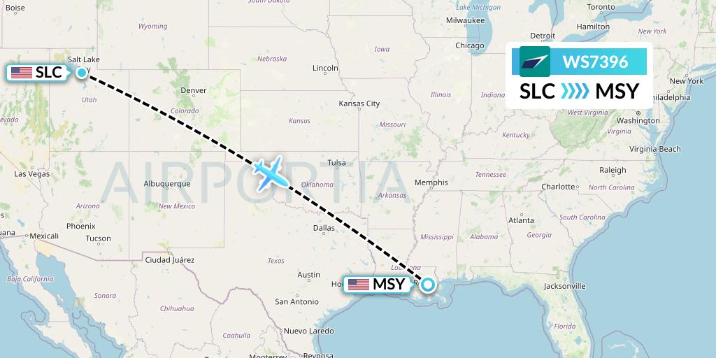 WS7396 WestJet Flight Map: Salt Lake City to New Orleans