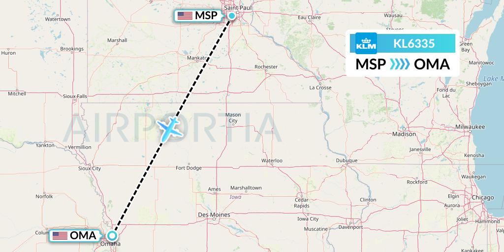 KL6335 KLM Flight Map: Minneapolis to Omaha