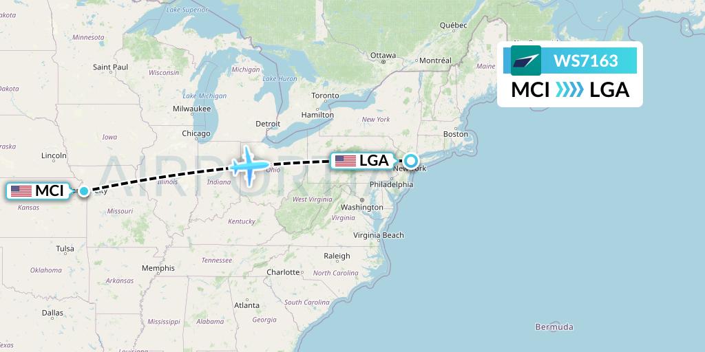 WS7163 WestJet Flight Map: Kansas City to New York