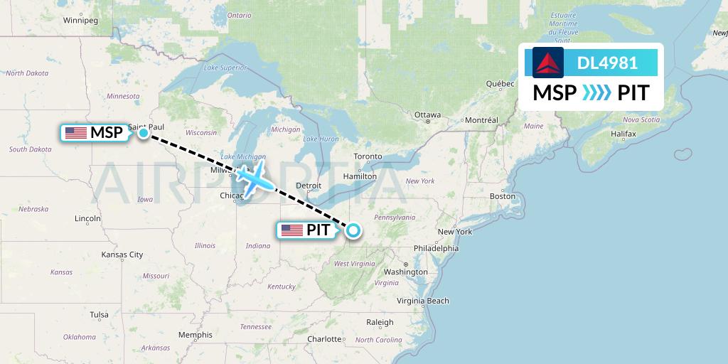 DL4981 Delta Air Lines Flight Map: Minneapolis to Pittsburgh